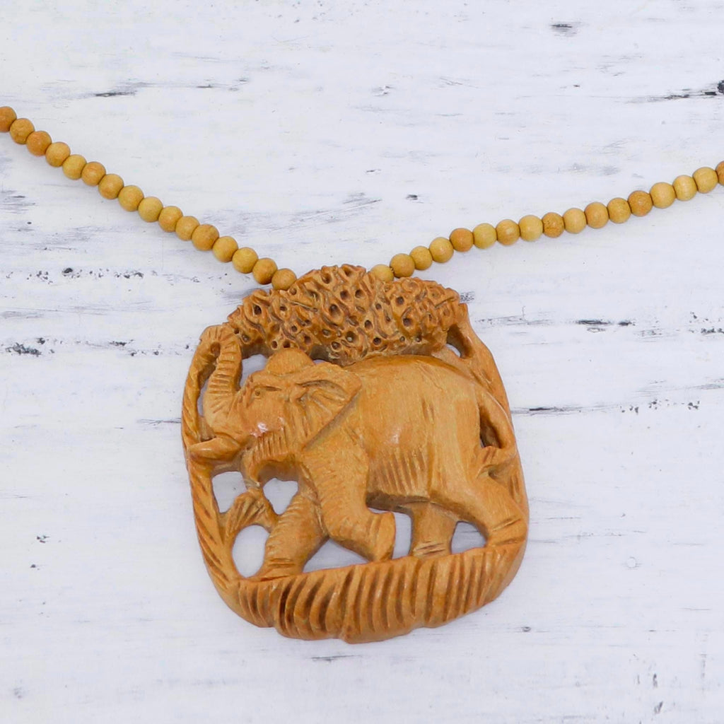 Elephant Wood Pendant Necklace Hand Carved in - Forest Elephant