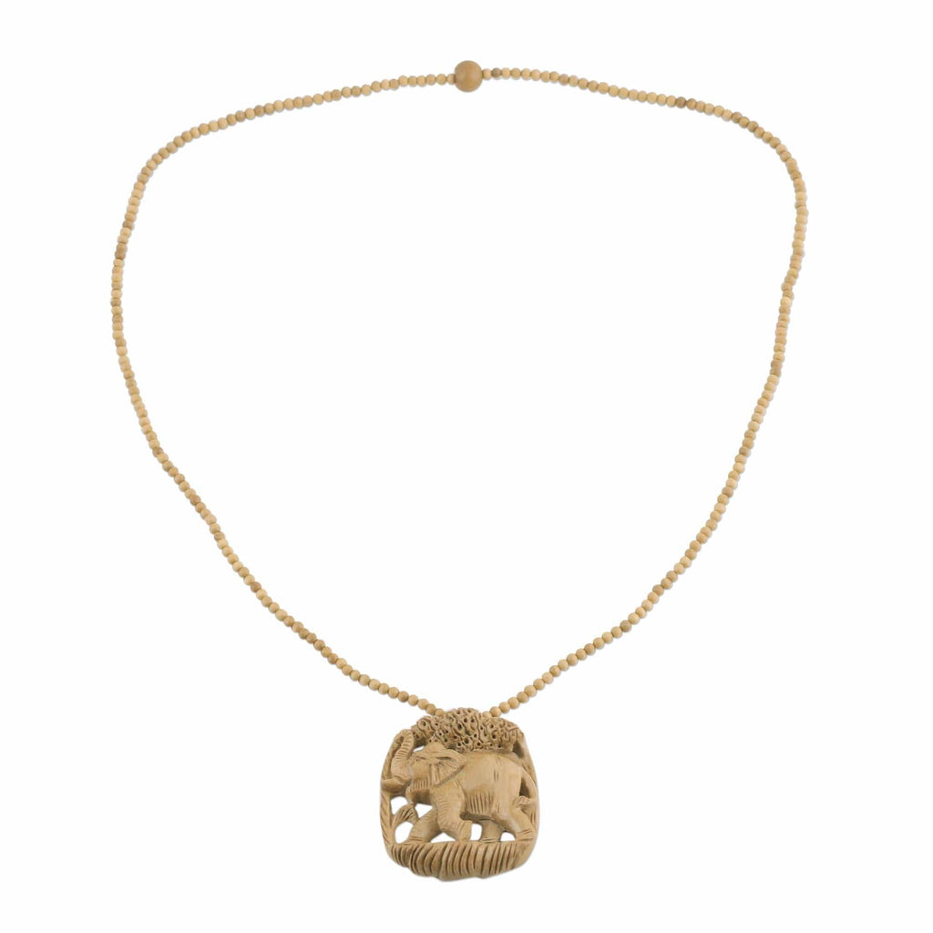 Elephant Wood Pendant Necklace Hand Carved in - Forest Elephant
