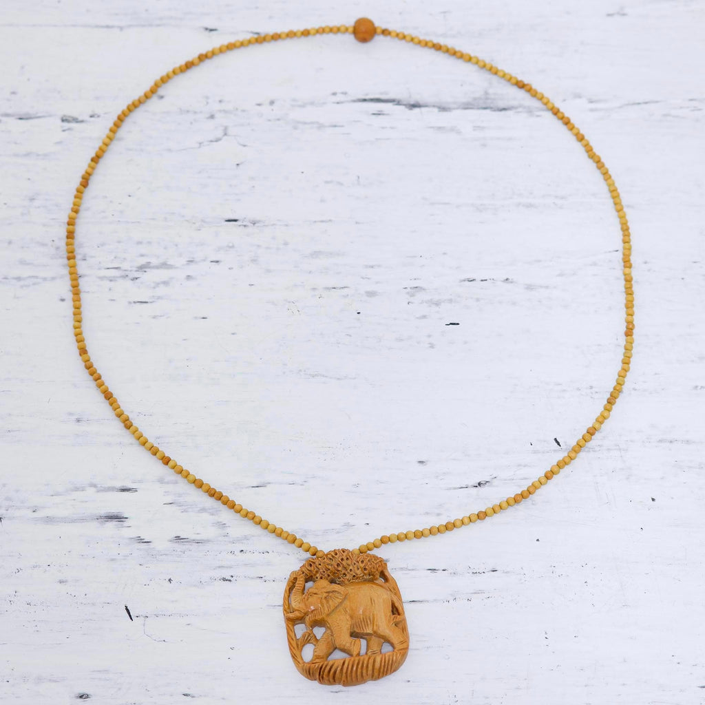 Elephant Wood Pendant Necklace Hand Carved in - Forest Elephant