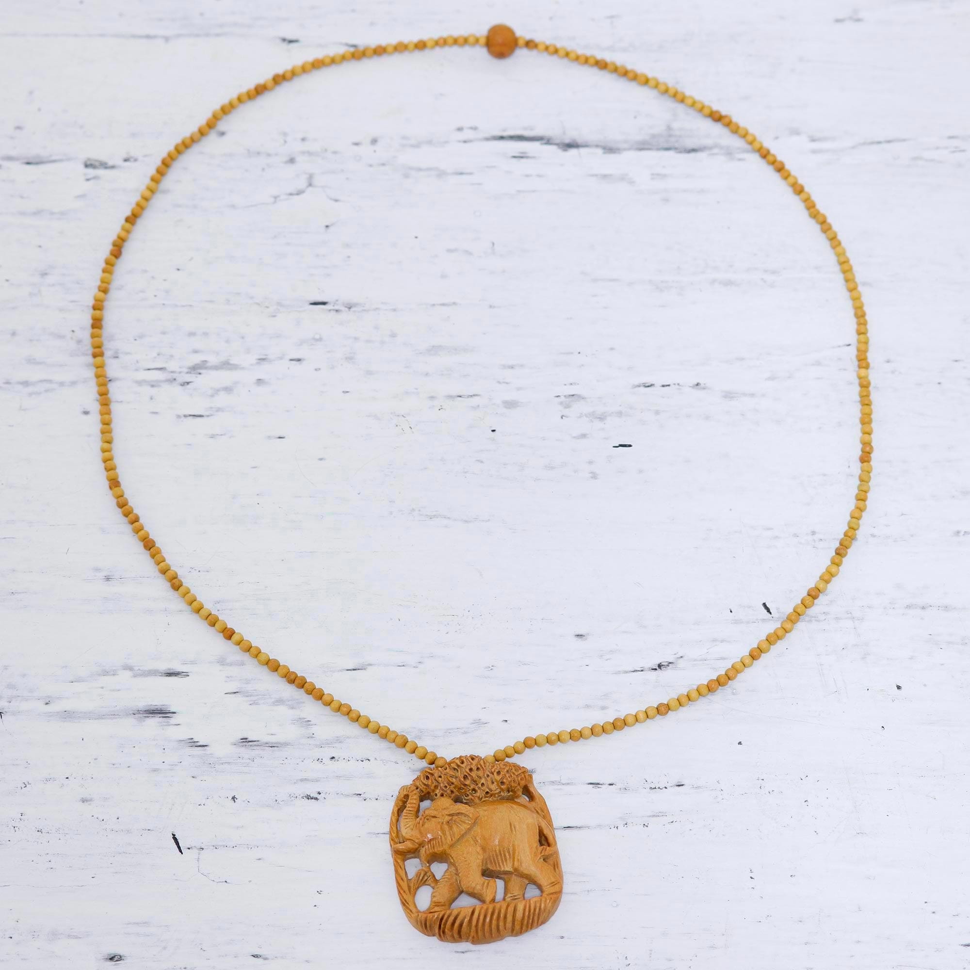 Elephant Wood Pendant Necklace Hand Carved in - Forest Elephant