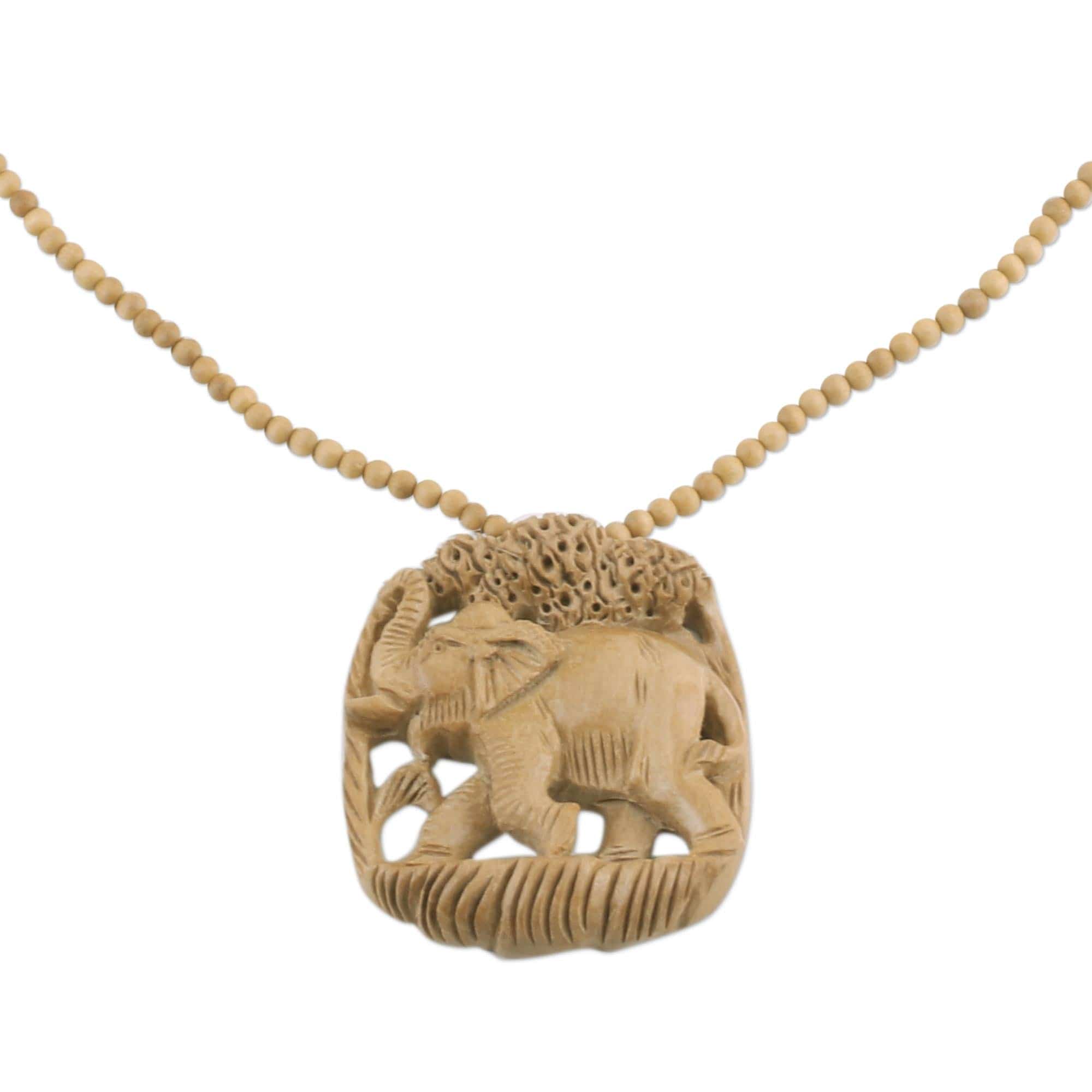 Elephant Wood Pendant Necklace Hand Carved in - Forest Elephant