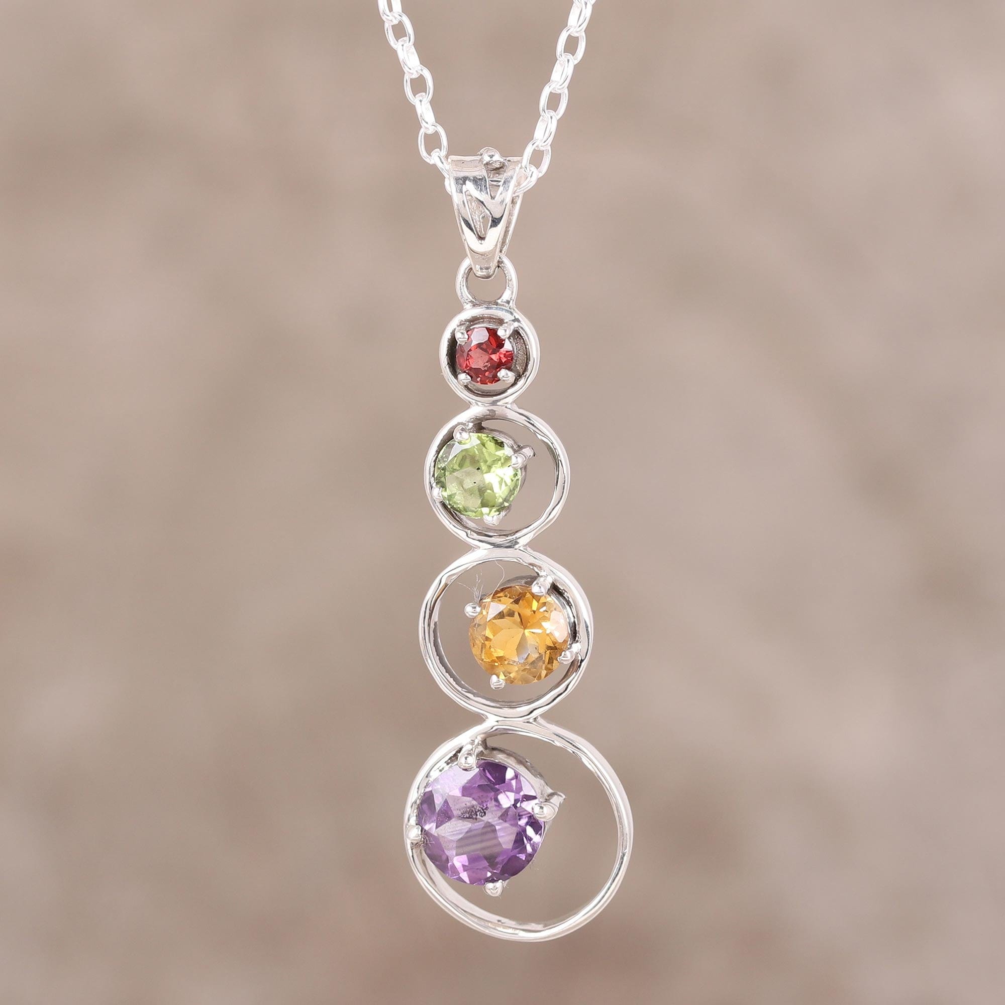 Handmade Multi-Gemstone Pendant Necklace - Rainbow Palette