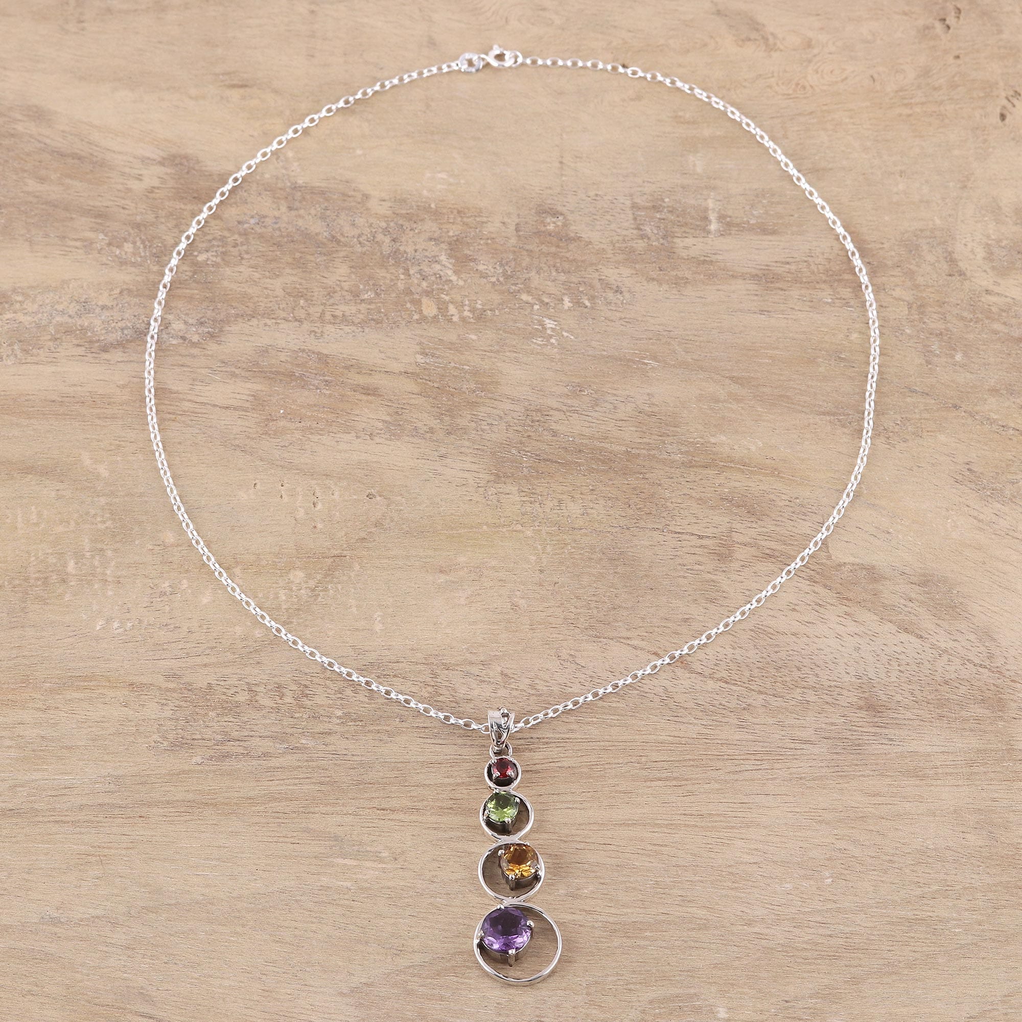 Handmade Multi-Gemstone Pendant Necklace - Rainbow Palette