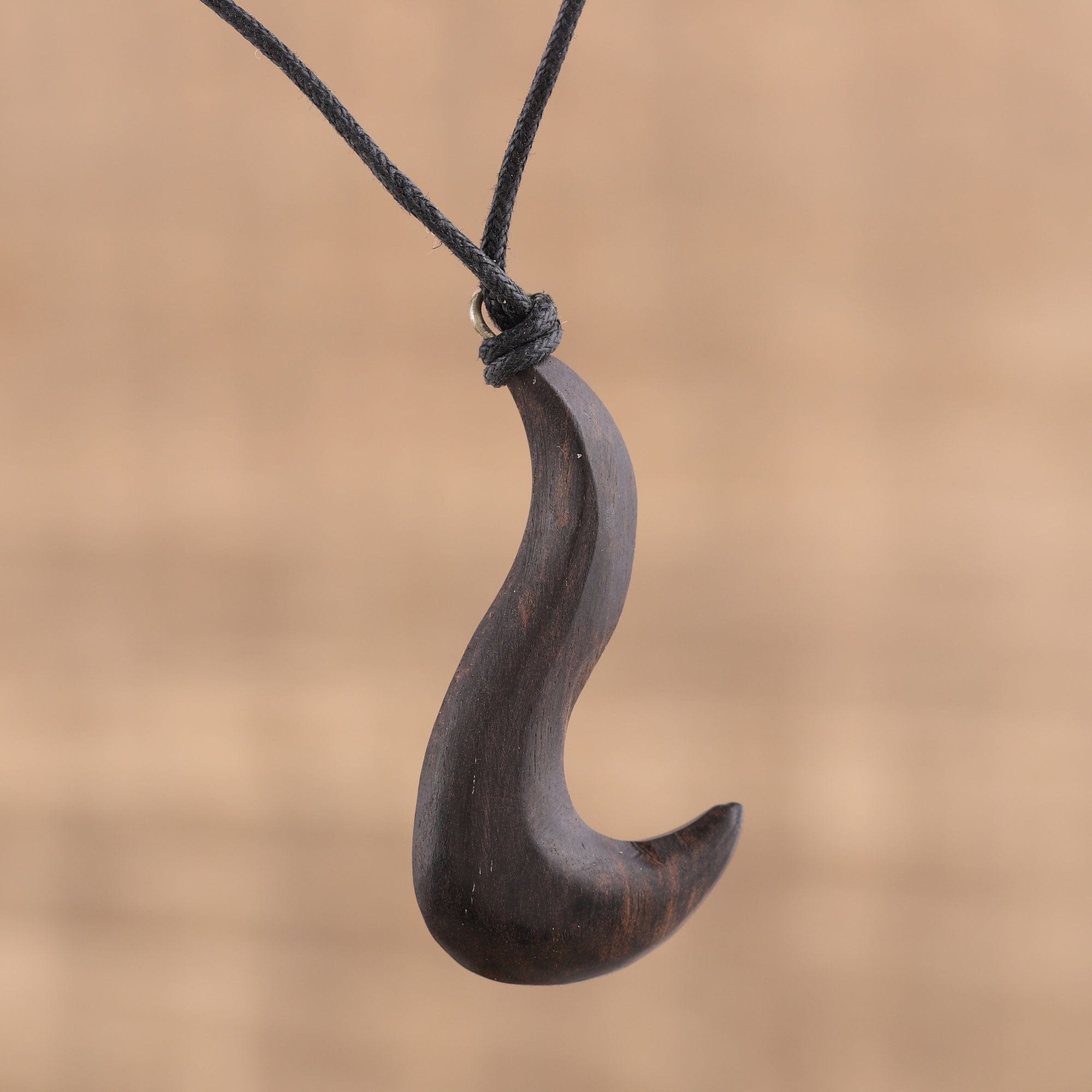 Hand Carved Ebony Wood Hook Pendant Necklace - Hook