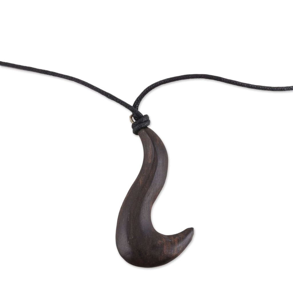 Hand Carved Ebony Wood Hook Pendant Necklace - Hook