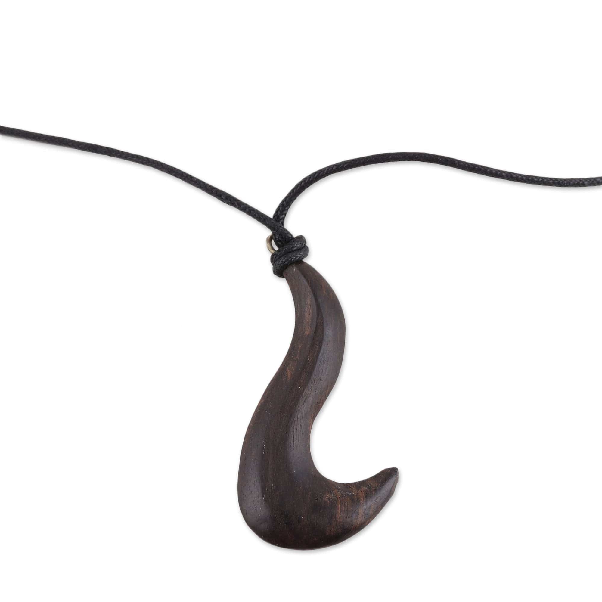 Hand Carved Ebony Wood Hook Pendant Necklace - Hook