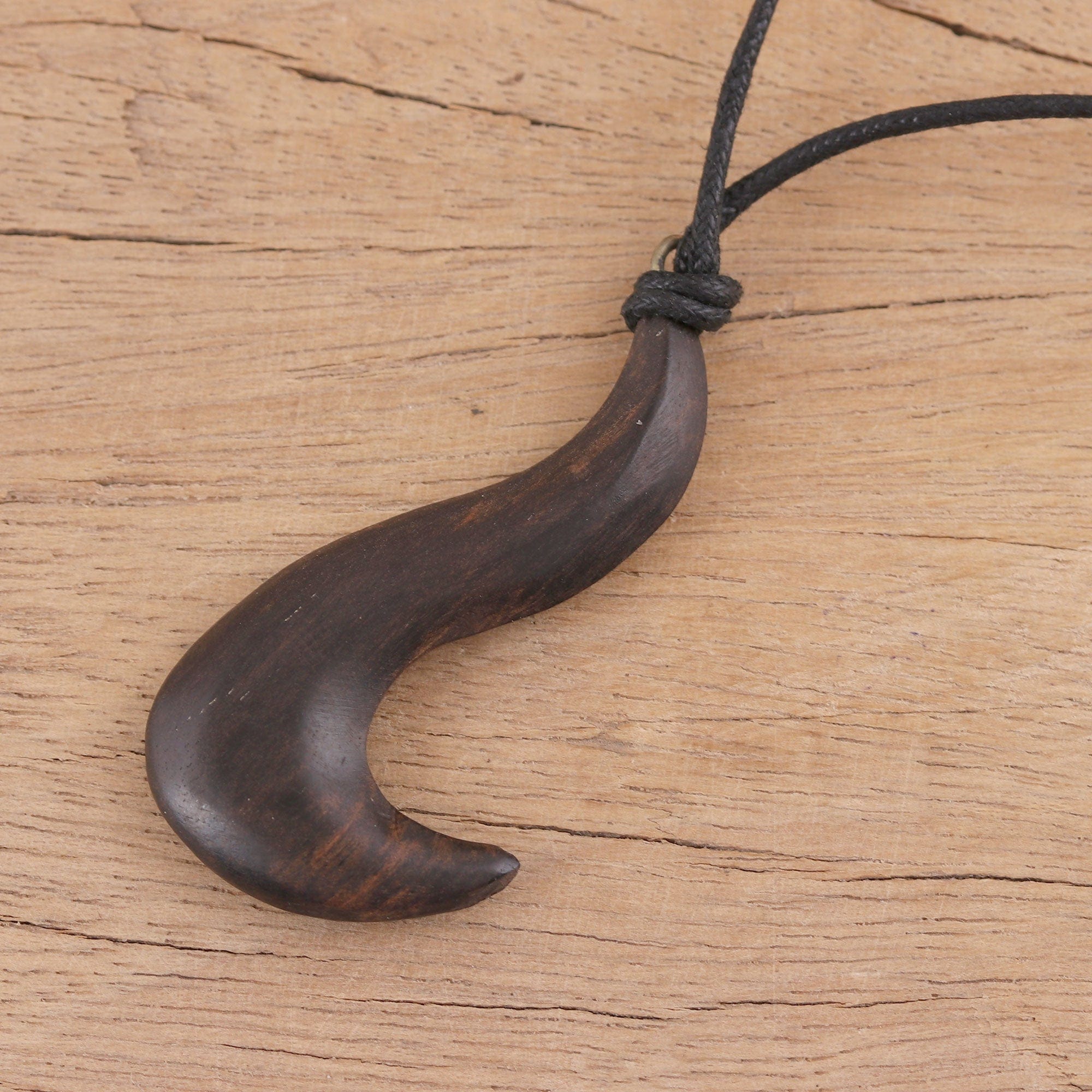 Hand Carved Ebony Wood Hook Pendant Necklace - Hook