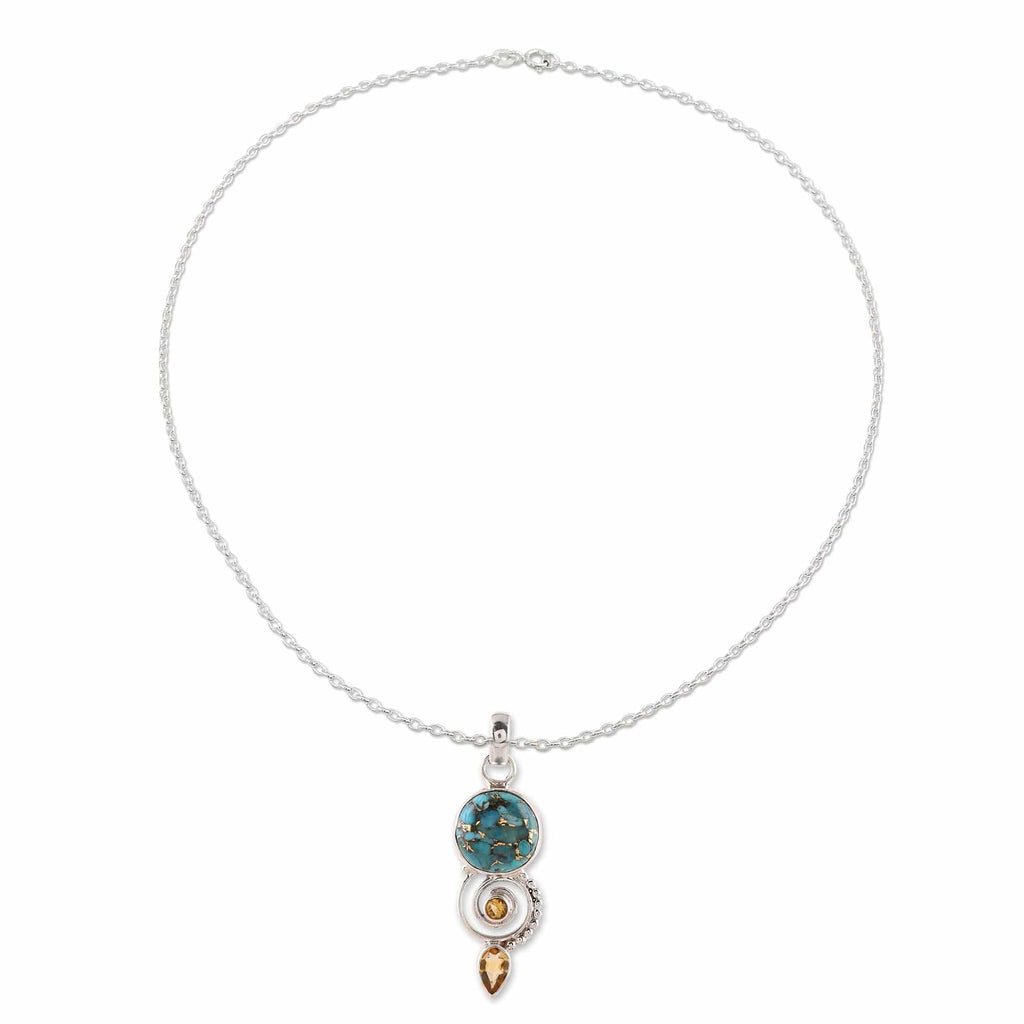 Citrine and Composite Turquoise Spiral Pendant Necklace - Cool Labyrinth
