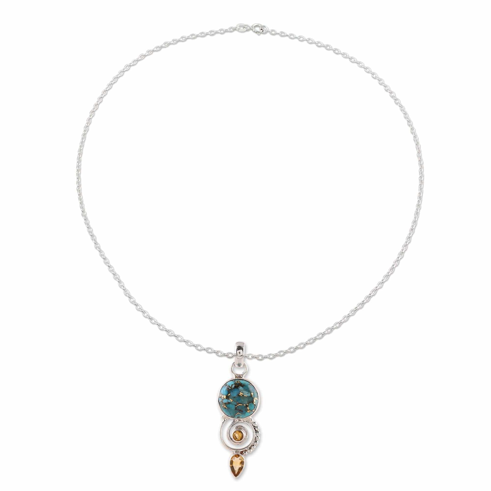 Citrine and Composite Turquoise Spiral Pendant Necklace - Cool Labyrinth