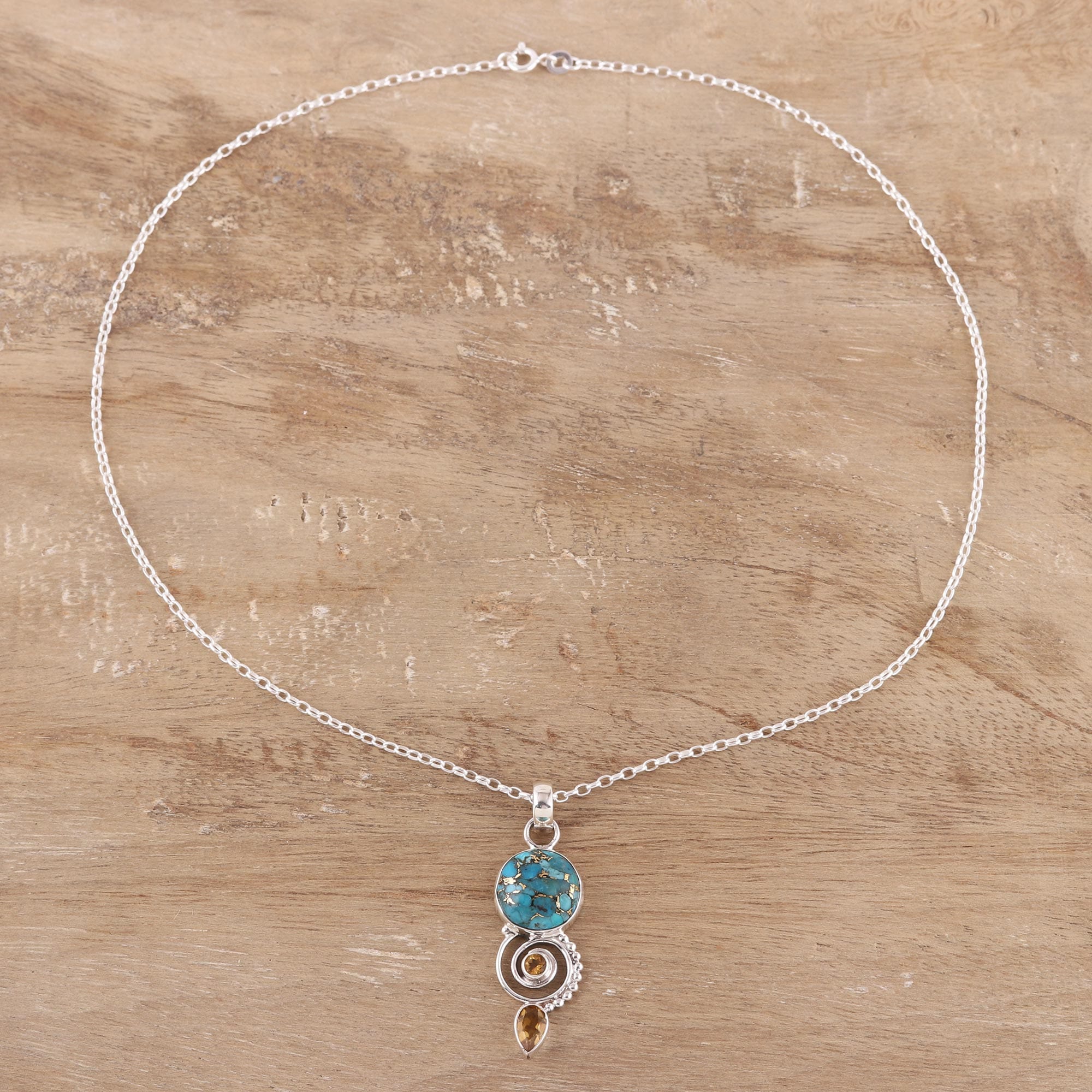 Citrine and Composite Turquoise Spiral Pendant Necklace - Cool Labyrinth