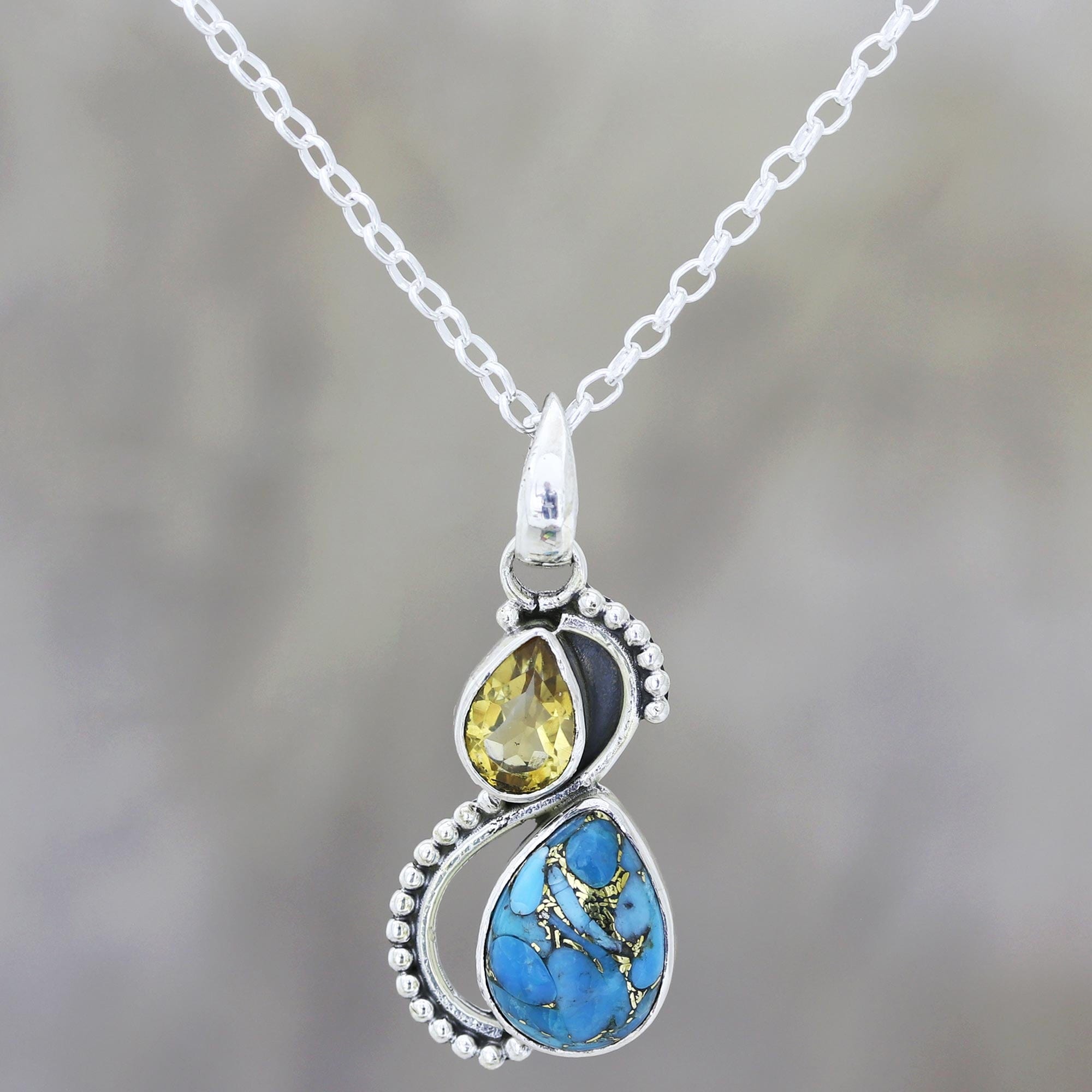 Citrine and Composite Turquoise Teardrop Pendant Necklace - Two Teardrops