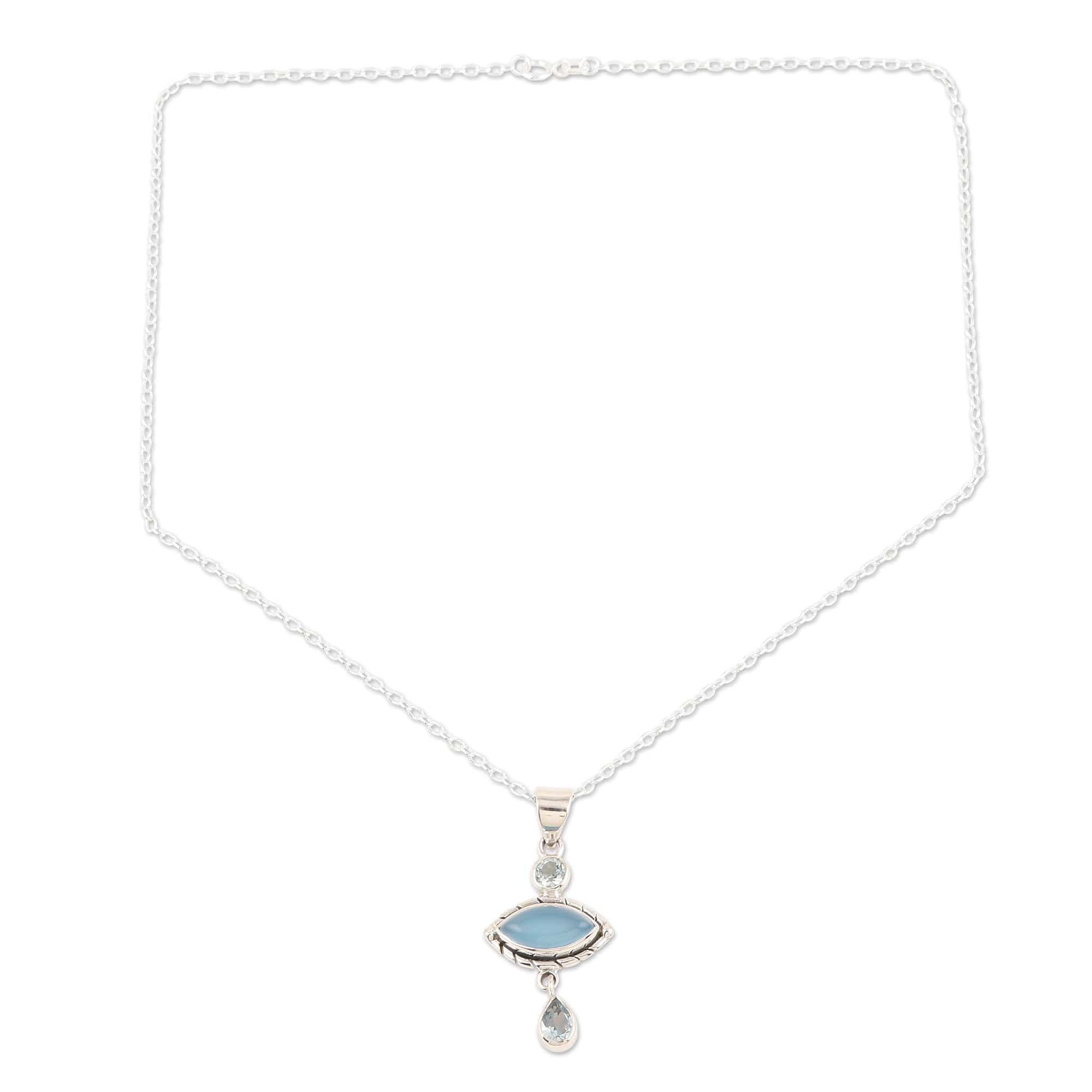 Chalcedony and Blue Topaz Sterling Silver Pendant Necklace - Blue Fusion