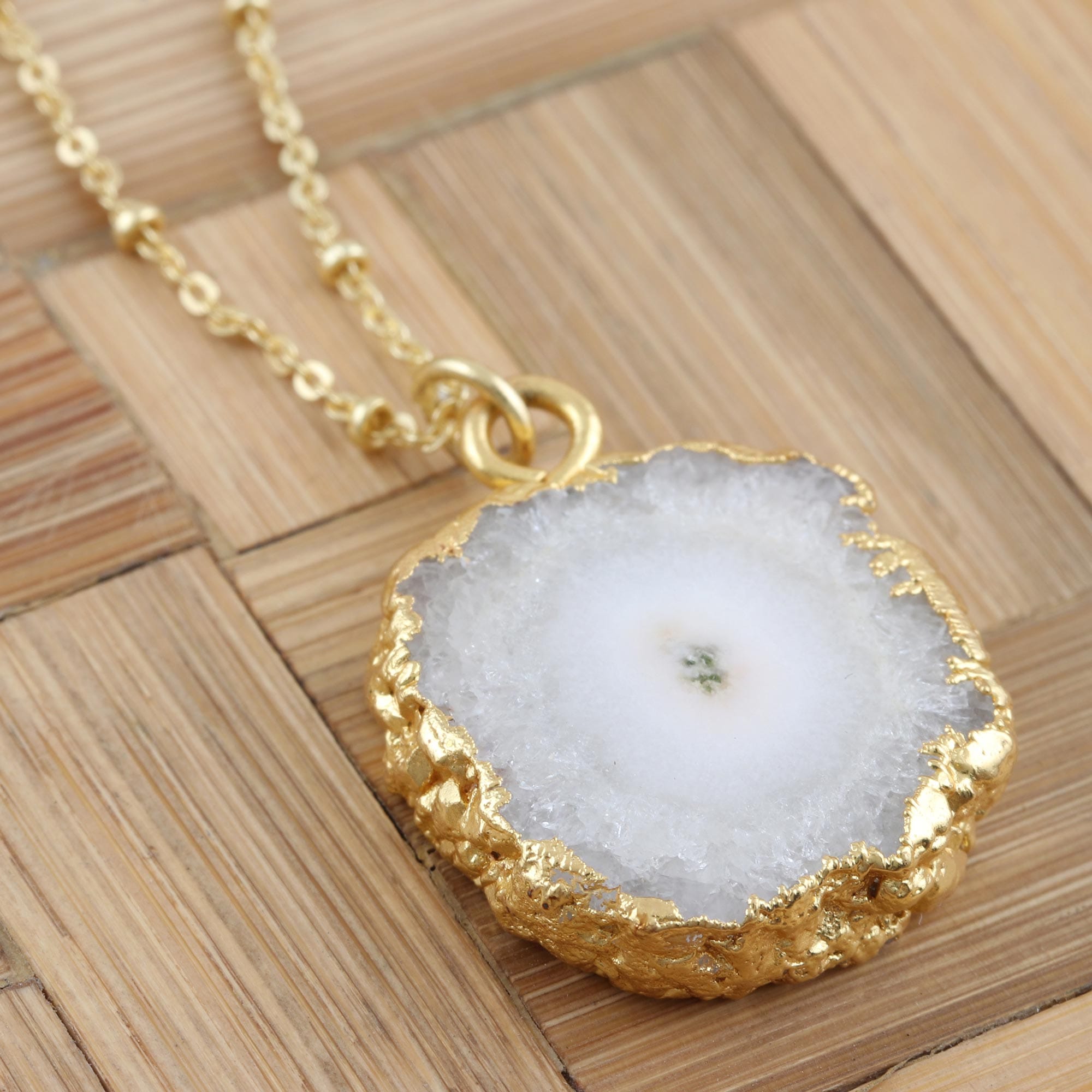 Gold-Plated White Solar Quartz Pendant Necklace - White Illusion