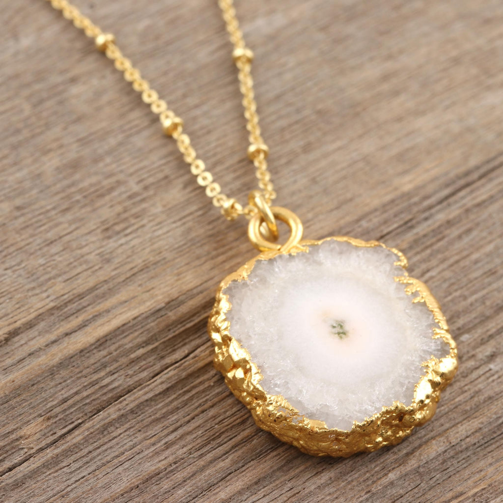 Gold-Plated White Solar Quartz Pendant Necklace - White Illusion