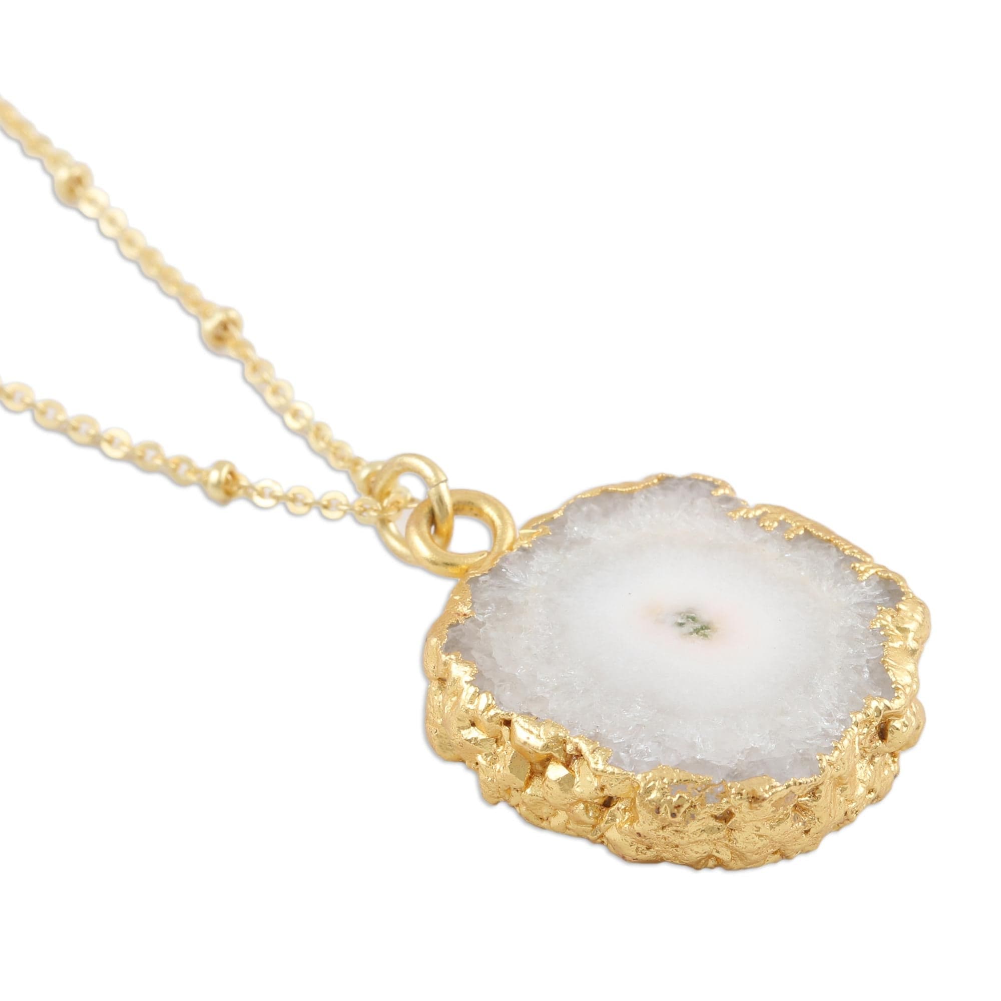 Gold-Plated White Solar Quartz Pendant Necklace - White Illusion