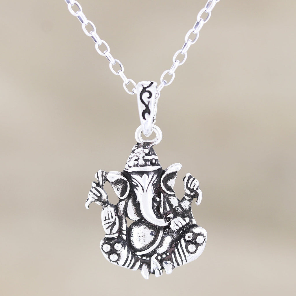 Sterling Silver Ganesha Pendant Necklace - Sitting Ganesha