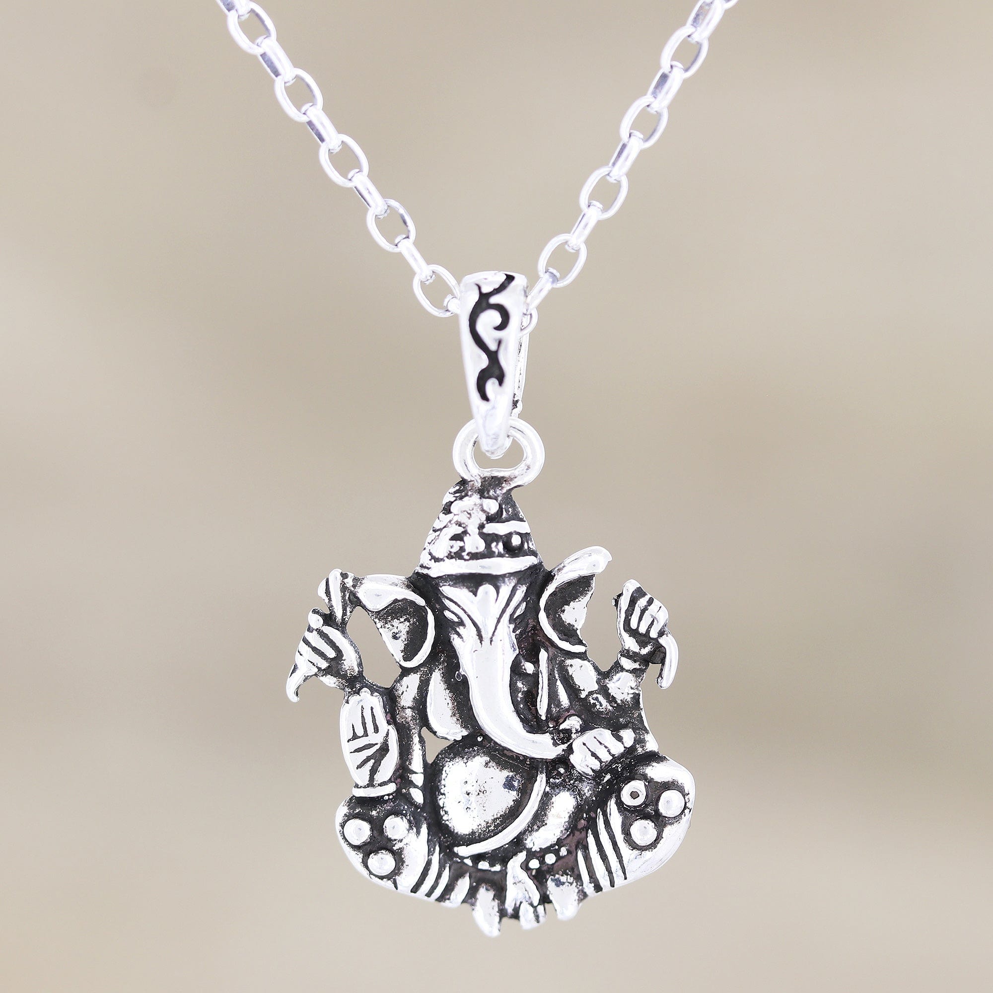 Sterling Silver Ganesha Pendant Necklace - Sitting Ganesha