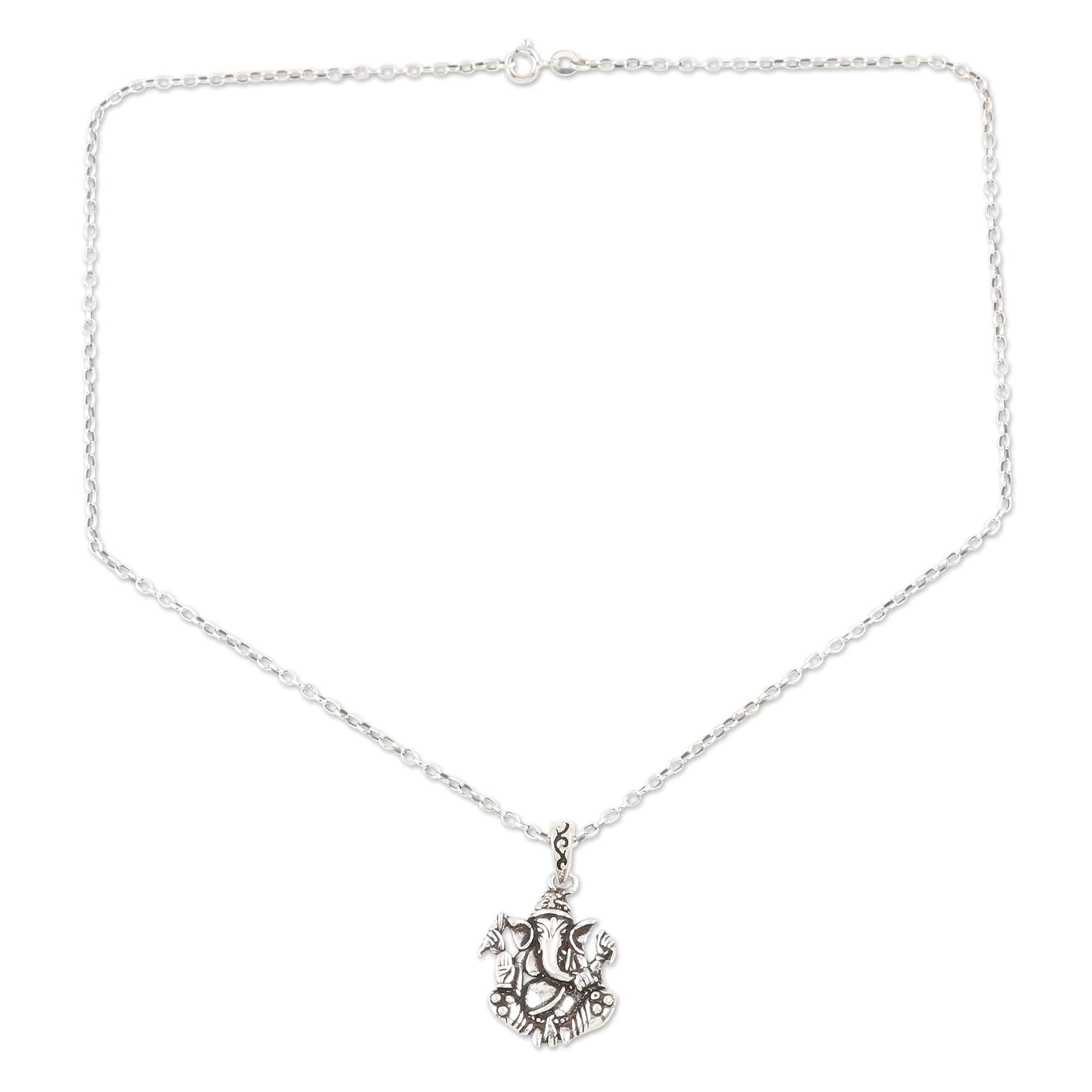 Sterling Silver Ganesha Pendant Necklace - Sitting Ganesha